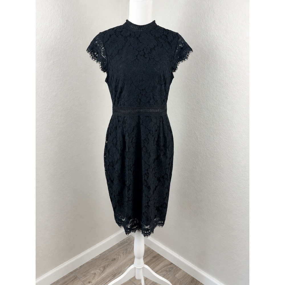 H&M Women's M Black Floral Lace Fit & Flare Dress High Neck Cocktail Party